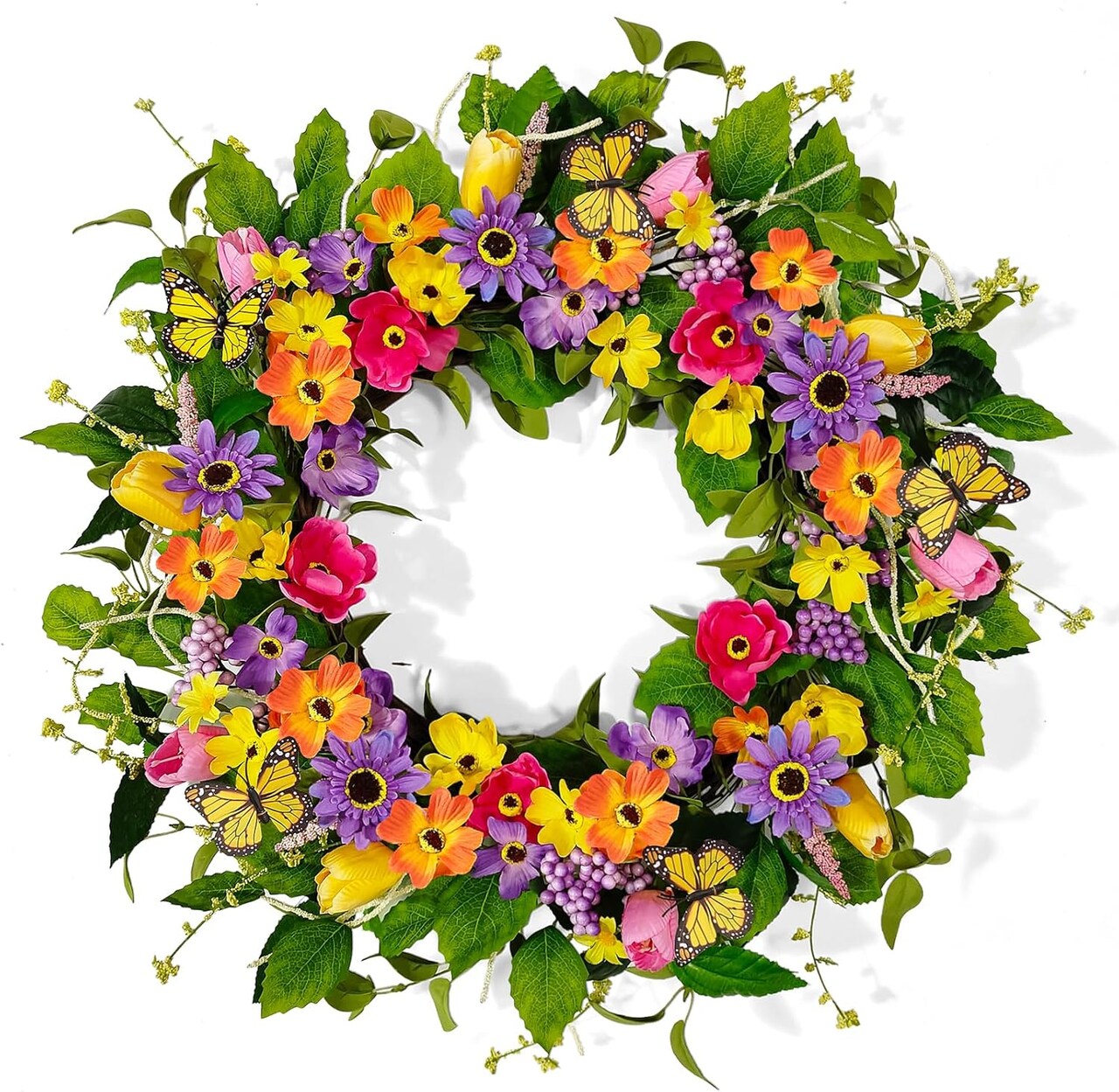 20–22 Inch Spring & Summer Tulip Wreath with Butterflies – Artificial Floral Front Door Wreath for Farmhouse, Porch, Wall, Window, Indoor & Outdoor Décor